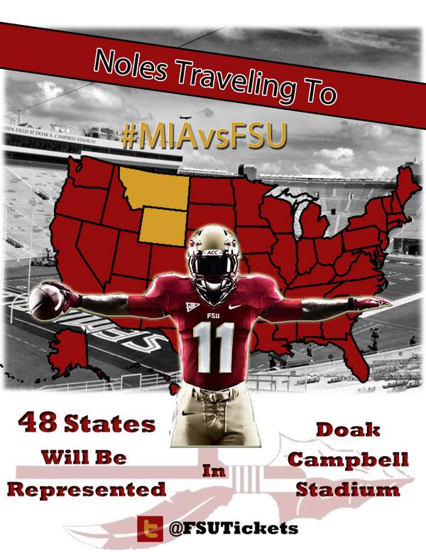 FSUTickets's tweet photo. Check out where #Noles are traveling from for #MIAvsFSU. A true #NoleNation! #PrimeTime #BeatMiami http://t.co/Q2jnWuRUgO