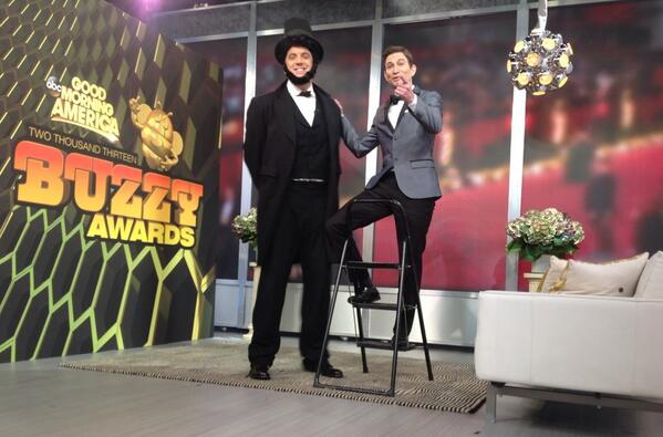 GMA's tweet image. Because one should always have a stepladder handy when interviewing Abe Lincoln: #GhoulMorningAmerica