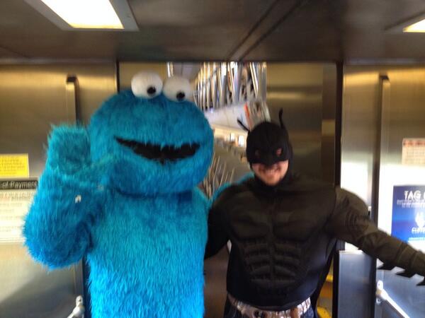 Caltrain's tweet photo. Cookie Monster & Batman commuting to work on NB 231. #HappyHalloween #Ghoultrain http://t.co/kEY117FZVE