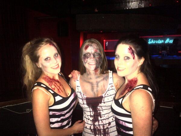 Shiv36's tweet photo. Zombie apocalypse is happening @5fm the @TigerTigerJozi barstaff are kitted out http://t.co/8K0TLMRrNA