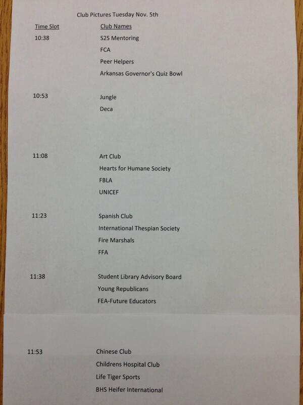 BHSYearbook1's tweet photo. Yearbook Club Pic Schedule for Tues. Nov. 5th... http://t.co/BgRtbU9voH