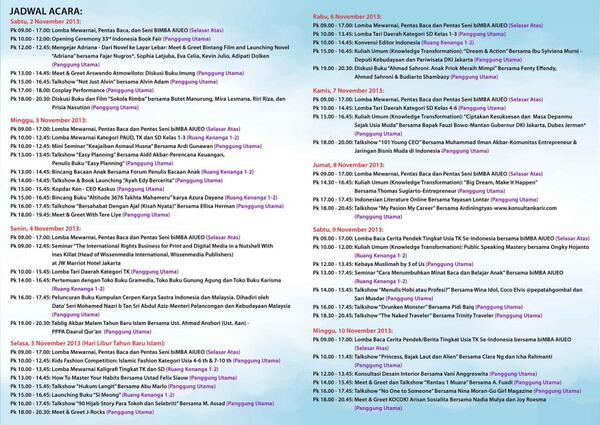 Selain bisa borong buku, di #IBF2013, kalian juga bisa mengikuti beragam acara menarik. Ini dia daftar acaranya: ;D