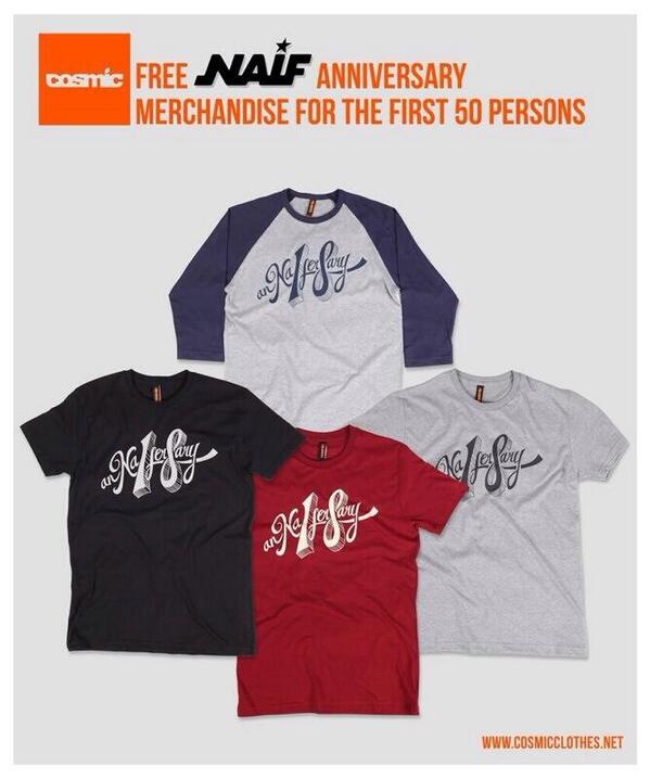 Naifband's tweet photo. #anNAIFersary18, free merchandise dari @cosmicclothes untuk 50 pengunjung pertama. Ayoooooo!!!!! http://t.co/XX6i0b74fv