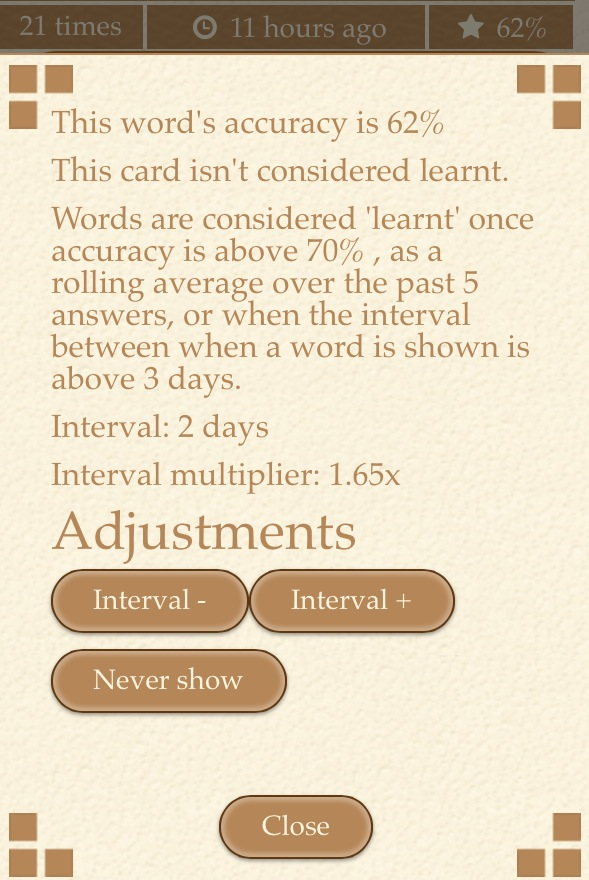 Tip: Clicking on the status bar items of a word card brings up panels with help and/or adjustable options.