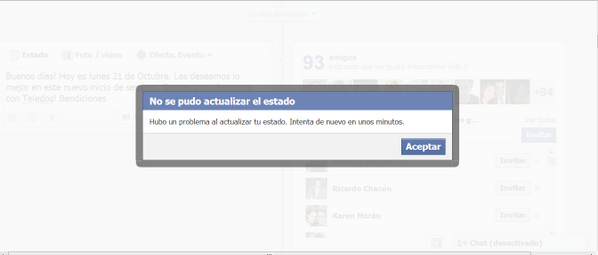 teledos_tcs's tweet photo. Mensaje que aparece en el sitio de facebook cuando se intenta colocar un comentario. #FacebookFalla http://t.co/KtP53bMZMe