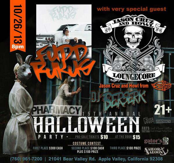 FuddRukus's tweet photo. I'll be on stage this Saturday at this years Pharmacy Boardshop 15th Annual Halloween Party! Details are on the flyer http://t.co/6sLG8Ci9BR