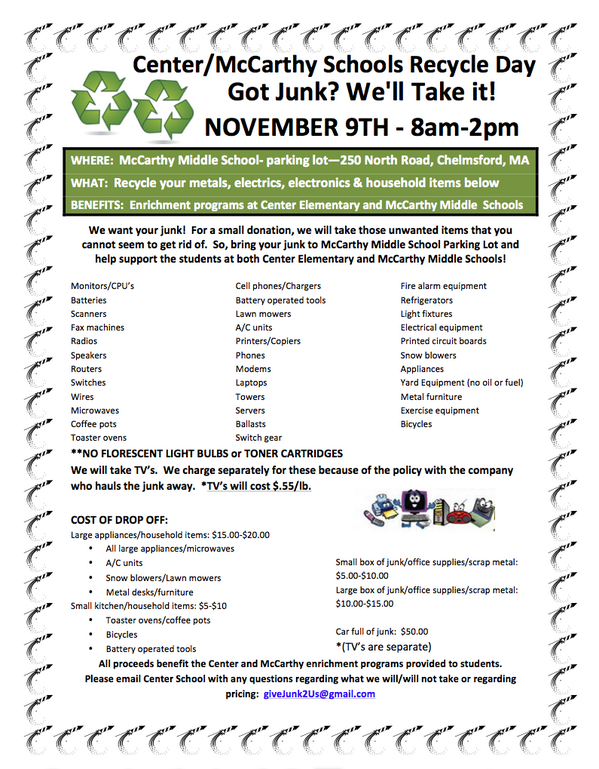 McCarthyPTO's tweet photo. Center/McCarthy Give us your junk &amp; recycle it day! Nov 9th. Bring us those unwanted items that can't go in the trash http://t.co/oVXZ15UDKF