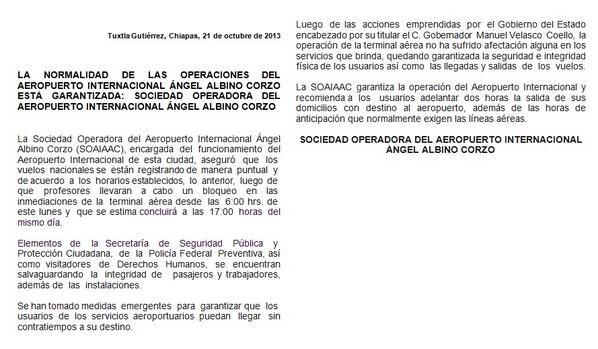 AeropTuxtla's tweet photo. Comunicado Oficial acontecido el día de hoy 21 de Octubre de 2013. Somos el Medio Autorizado para su Publicación. http://t.co/bTgm1pnv9e