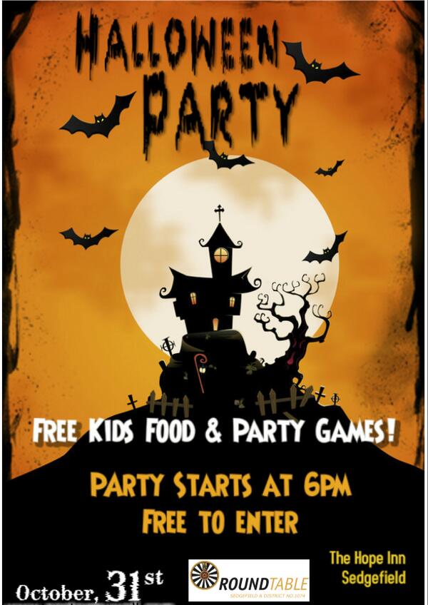 SedgefieldTable's tweet photo. Free Children's Halloween Party at the Hope Inn, Disco,Games and food for the Kids. Thursday 31st October from 6pm. http://t.co/3odfBTiT4v