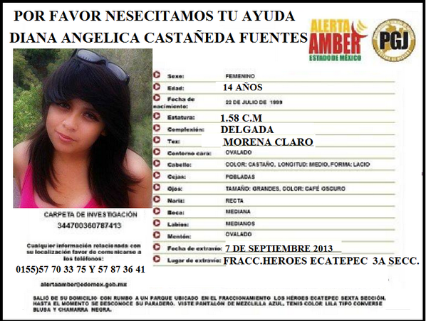 elizamarmar's tweet photo. @qtf  #AlertaAmber DIANA ANGELICA CASTAÑEDA FUENTES 14 años desapareció 7/9/13 #Tecamac ¿La has visto? DIFUNDE http://t.co/1LWGiVuuJY