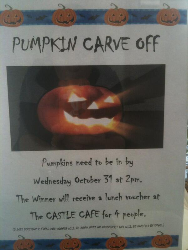 Pumpkin Carve Off. Pumpkins need to be in by 31/10 at 2 pm. Winner gets voucher for lunch for 4 at Cafe!  Good luck!