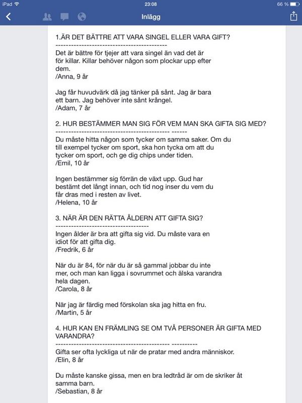 toweottosson's tweet photo. Bästa på Facebook idag. Barns svar på frågor om förhållanden, haha! http://t.co/wrYBRXkIcz