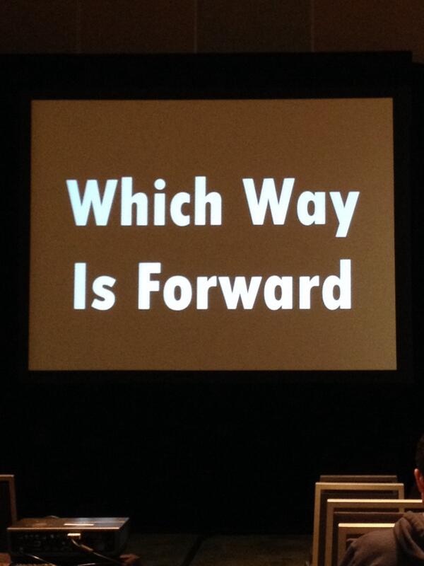 Zizzamia's tweet image. Which way is forward by Douglas Crockford #html5devconf