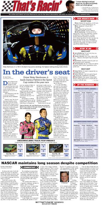 MCTOnePages's tweet image. That&apos;s Racin&apos;: Ricky Stenhouse Jr. leads  #NASCAR Sprint Cup rookie of the year race bit.ly/1bbqPpl Preview