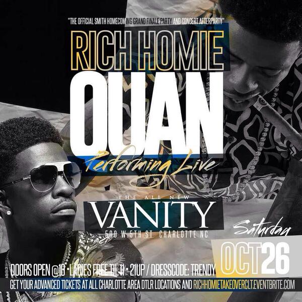 bookdjdoubleo's tweet photo. RICH HOMIE WILL BE HERE INVADING "THE CITY" OCT 26 FOR JCSU HOMECOMING AT CLUB VANITY GET YOUR TICKETS NOW http://t.co/buL6HSX85X
