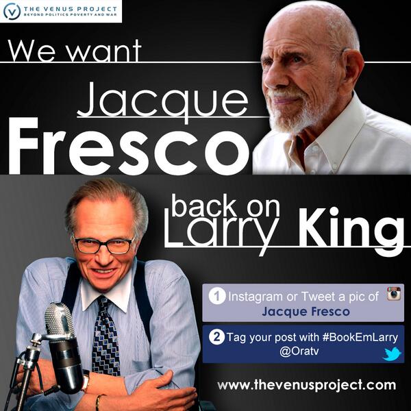 TheVenusProject's tweet photo. @OraTV Please consider inviting http://t.co/Bfc8ad6g5u Founders, Jacque Fresco and Roxanne Meadows. #BookEmLarry http://t.co/IbsO9EnBNt