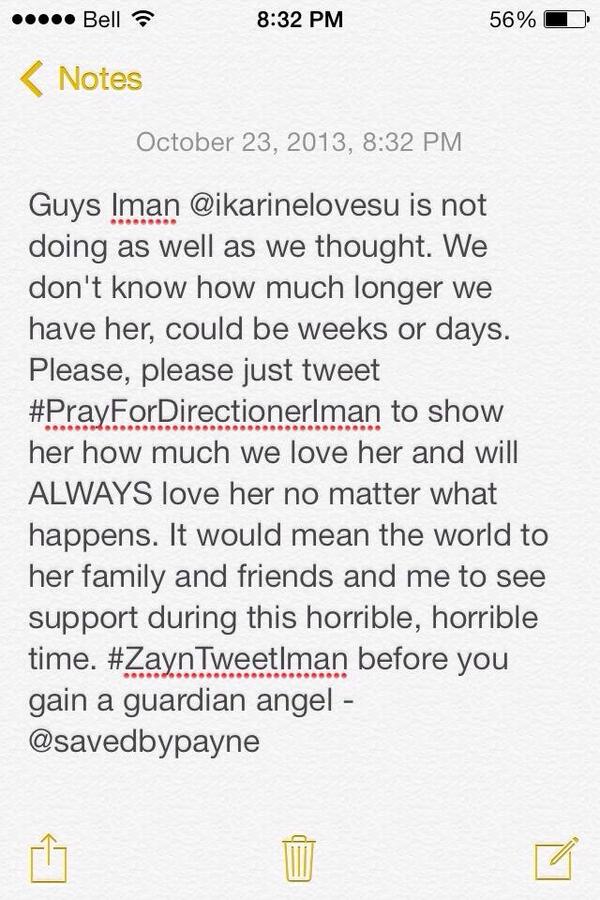 1DPaparazzis's tweet photo. #PrayForDirectionerIman #zayntweetiman everyone please pray for her ❤️ http://t.co/w27HvXvxaE