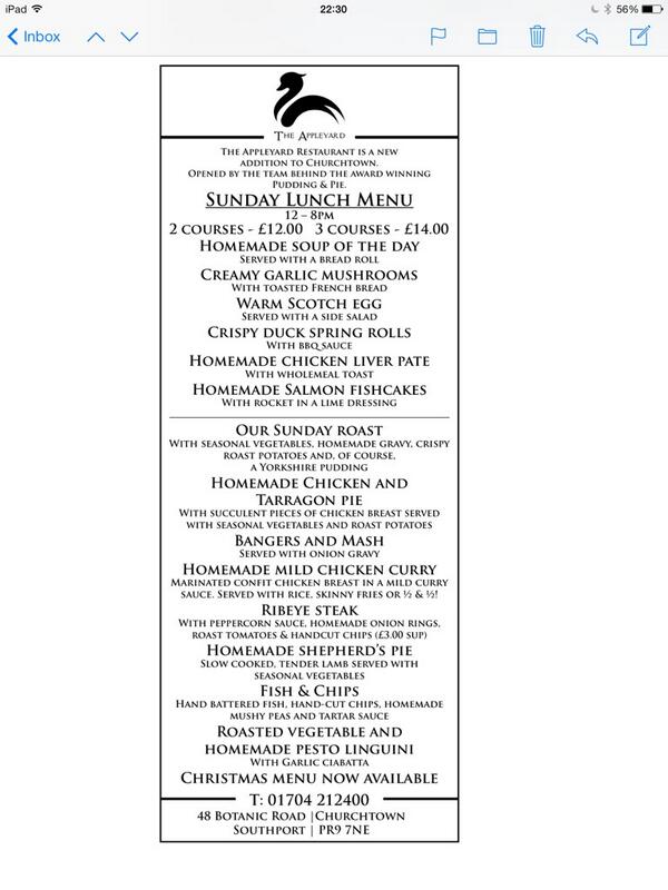 Hey, look - it's our Sunday menu.
Tasty food but a little more relaxed-like a Sunday should be!
Book on 212400