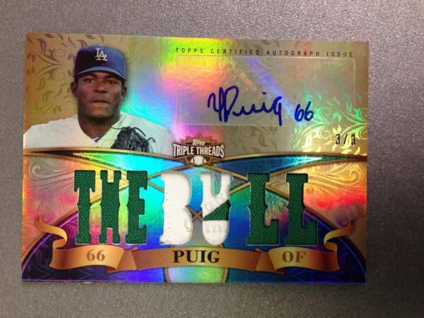 Topps's tweet image. #TripleThreadsBB has the rookies covered auto relics..@YasielPuig @Dodgers #letsgo! #collect #thehobby