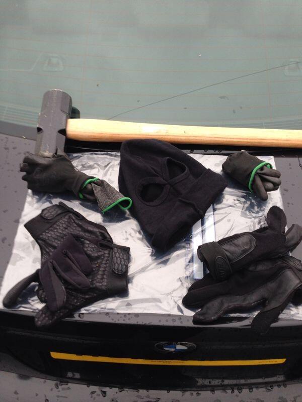 Items found in the back of the van in Salford.  Occupants have been arrested for conspiracy to commit robbery.