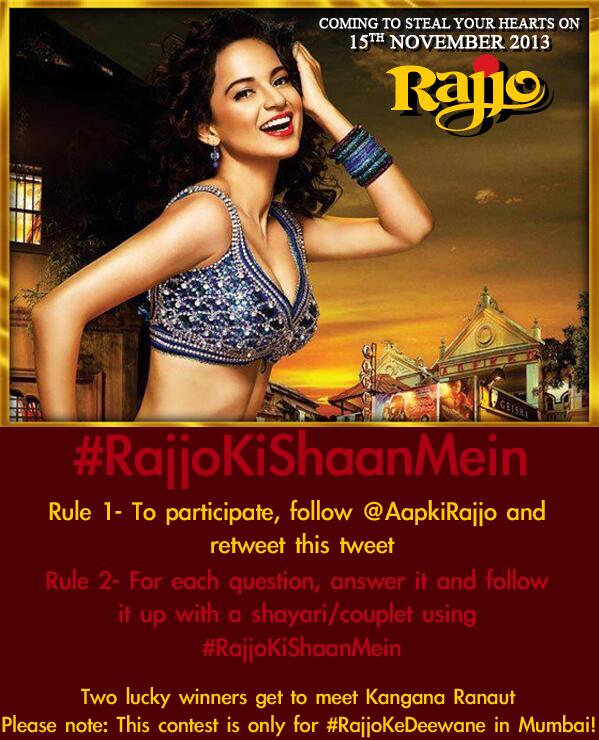 AapKiRajjo's tweet photo. The #RajjoKiShaanMein contest is here! Follow @AapKiRajjo and RT this tweet to participate @KanganaRanautFC http://t.co/o5jFdvOPsW