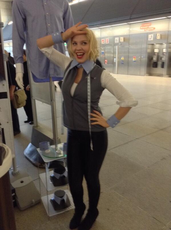 Shirtettes's tweet photo. Our beautiful Shirtette @CeCeSirle modelling some samples. Come down to Canary Wharf &amp; choose your collars &amp; cuffs! http://t.co/XSHwekDdfl