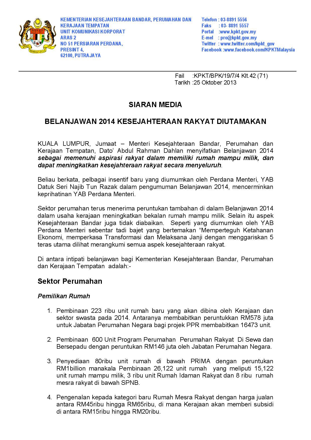 Kpkt On Twitter Belanjawan 2014 Kesejahteraan Rakyat Diutamakan Muka Surat 1 Daripada 3 Http T Co 3ayc8zfc9k
