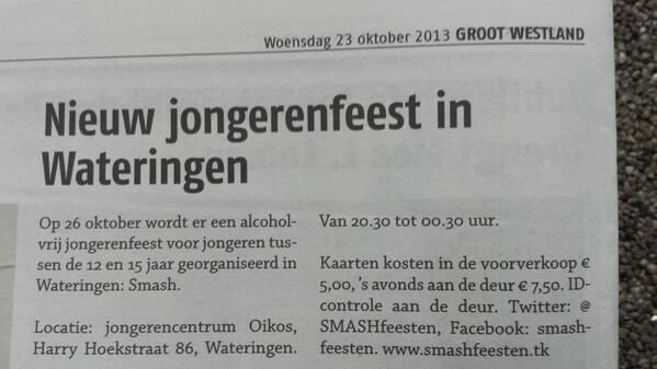 SMASHfeesten's tweet photo. Advertentie over SMASH! in de krant Groot Westland: http://t.co/joyLpdif22