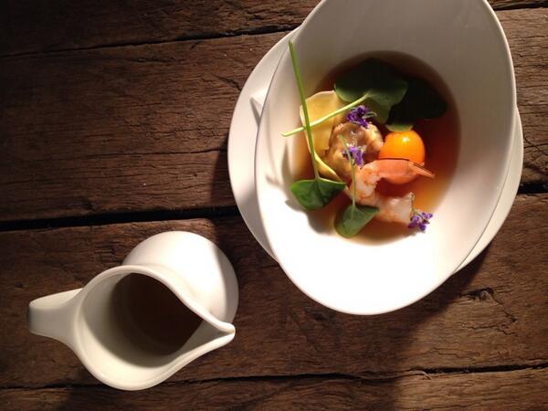 TOYScollective's tweet photo. @Barhsurryhills' golden consommé, dumpling, prawn, confit yolk. #toyscollective http://t.co/UvgX0DBe9N