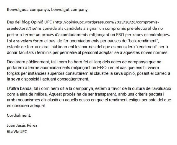 En resposta a la proposta de <a href="/opinioupc/">opinioupc</a> sobre un compromís pre-electoral us adjuntem la nostra resposta #rectorUPC
