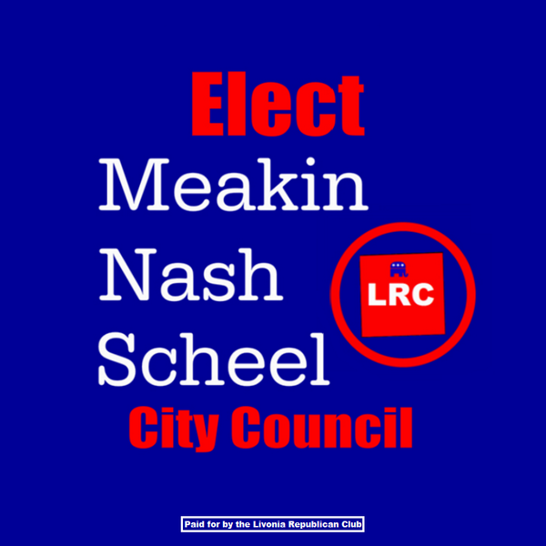LivoniaGOP's tweet photo. The LRC is proud to endorse Brian Meakin, Susan Nash, and Lynda Scheel for Livonia City Council! #RedLivonia #MIGOP http://t.co/1dOfd8W7Sp