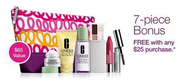 Clinique offers the Free 7 Piece Gift Set ($65 value) with $25 Purchase！dealmoon.com/deal/283758.ht…
