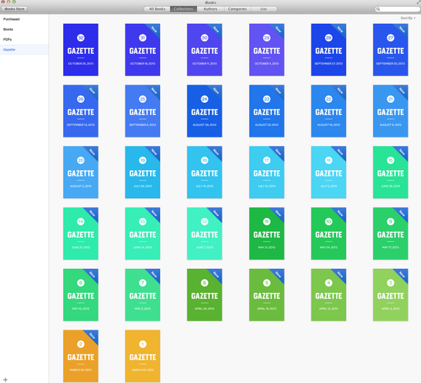 Added all of my editions of <a href="/gazette/">Gazette</a> to the new iBooks in Mavericks. Such a nice reading experience.