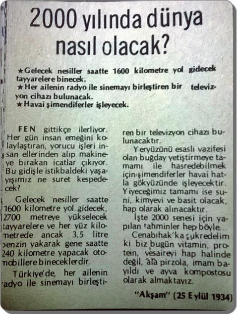 BeyazitKulesi's tweet photo. "2000 yılında dünya nasıl olacak?" sorusunun cevabı Akşam gazetesinin 25 Eylül 1934 tarihli gazete küpüründe. http://t.co/LugsZdk1kN