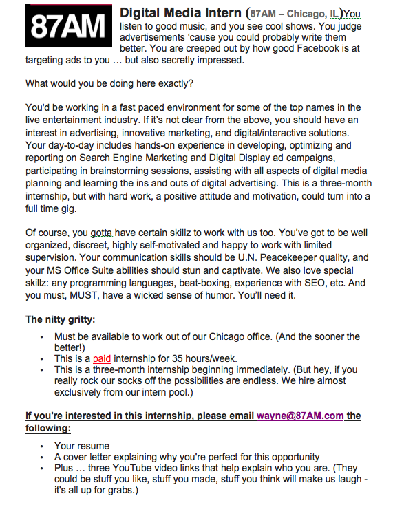 MCinterns's tweet photo. PAID #Digital #Marketing #Internship @the87AM (35 hrs/wk) Send cov. lttr., res., &amp; 3 #YouTube Links to wayne@87AM.com http://t.co/cfIusUbfBD