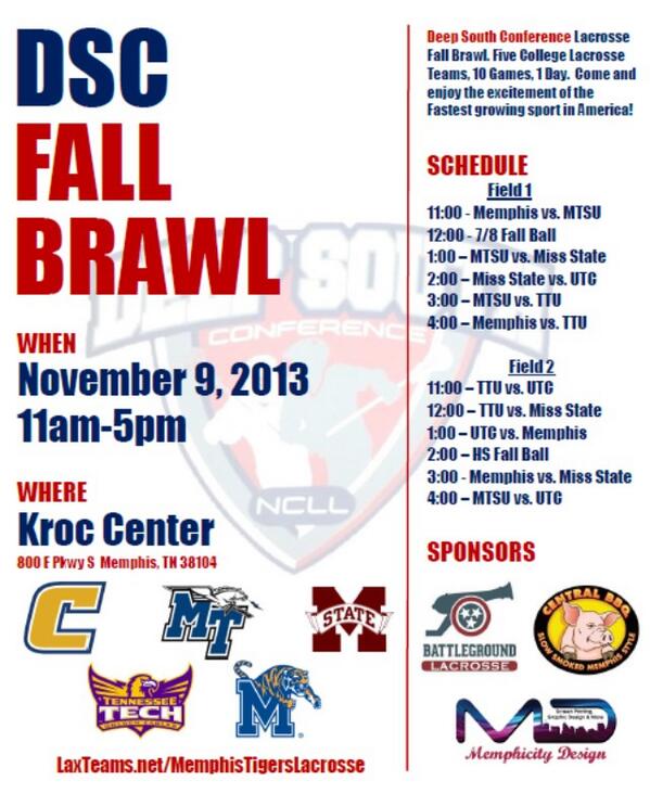 DeepSouthConference (@dsclax) on Twitter photo The Fall Brawl is right around the corner To see some of the best Lax Players in the South be in Memphis on Nov 9th. The Fall Brawl is right around the corner To see some of the best Lax Players in the South be in Memphis on Nov 9th.