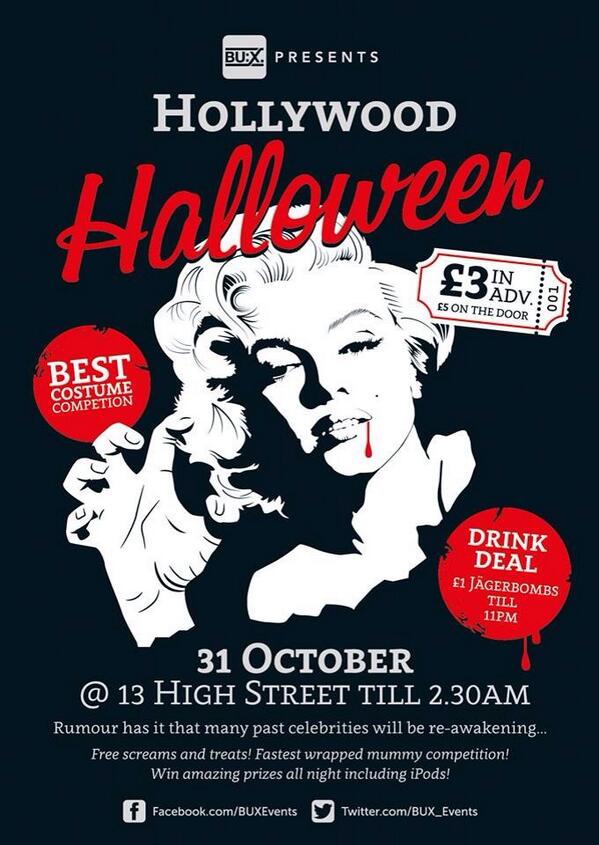 BUX_Events's tweet photo. This Thursday open until 2:30am @13highstreet Hollywood Halloween! £1 jäger bombs! @BuckinghamSwans @BUWSS http://t.co/MgUjTlJMZh