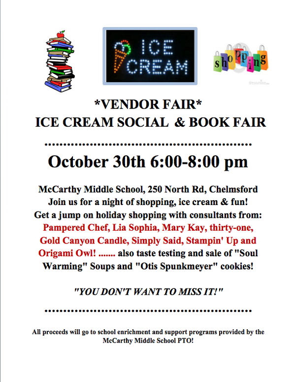 McCarthyPTO's tweet photo. Join Us Wed 30th Family Night 6-8, Ice cream sundaes, Book Fair, &amp; Shopping.  Public Welcome!! http://t.co/uNLyTWwaX1
