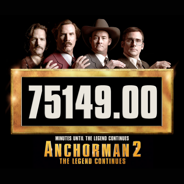 Countdown to the News Team's glorious comeback! Share the #Anchorman2 countdown clock: AnchormanMovie.com |