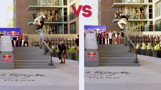 Alec Majerus' kickflip front nosegrind against <a href="/RyanSheckler/">Ryan Sheckler</a>'s kickflip back lip. You decide: win.gs/3setjdge
