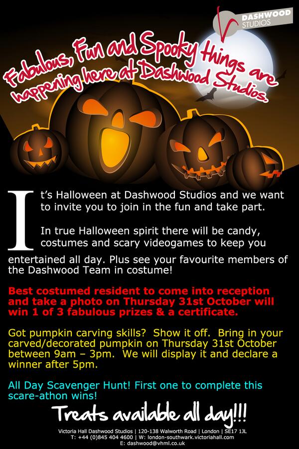 Halloween at Dashwood Studios! 
Fancy Dress. Pumpkin Carving. Scavenger Hunt. Horror Games. Sweets.