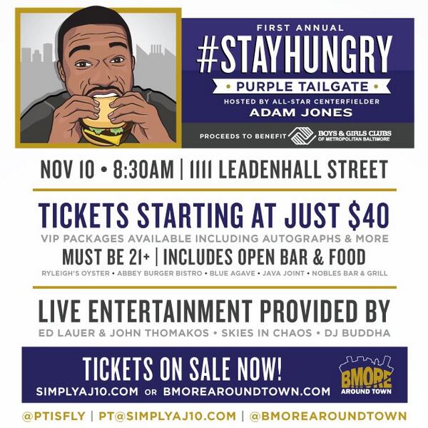BMOREAroundTown's tweet photo. *Follow and R/T* to win a VIP pass to the #StayHungry #PurpleTailgate hosted by Stay Hungry President @SimplyAJ10 http://t.co/27Plk681aq