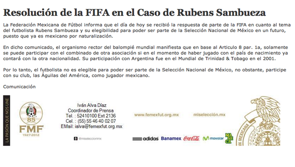 Luisdanielmc's tweet photo. "@EDUX77: El comunicado de la FMF sobre el Caso Sambueza http://t.co/N6iLm64mwi"  //ya pa q no se emocionen mas los americanistas