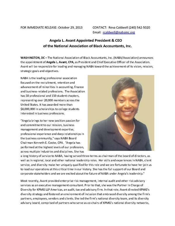 NABAInc's tweet photo. Angela L. Avant Appointed President &amp; CEO  of the National Association of Black Accountants, Inc. pg. 1 http://t.co/egM5CqYdNc