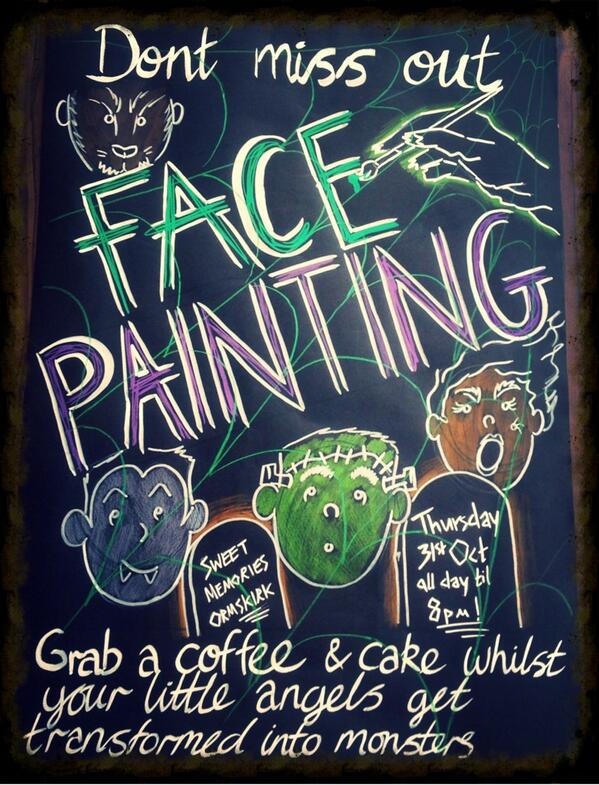 SweetMemsNWest's tweet photo. Come see us on Thursday 31st Oct. There will be face painting, kids games and lots of spooky treats!#spooky #coffee http://t.co/q5fqVPCl7i