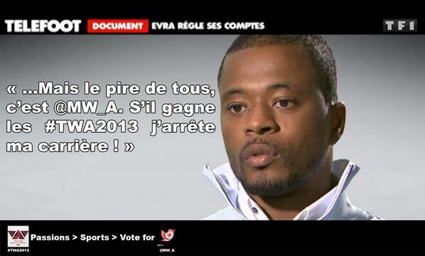 MW_A's tweet photo. Patrice Evra règle de nouveau ces comptes à l'occasion des #TWA2013 #Creativity http://t.co/W2T8xyfuTU