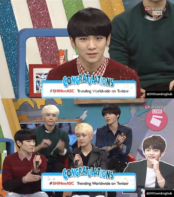SMTownEngSub's tweet photo. SHINee's reaction upon hearing #SHINeeASC is trending Worldwide on Twitter http://t.co/hjKeZwXa3L