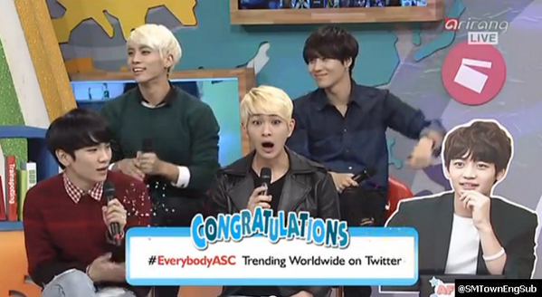 SMTownEngSub's tweet photo. Onew's shocking reaction after #everybodyasc trended Worldwide on Twitter #SHINeeASC http://t.co/DPjqnX4fss