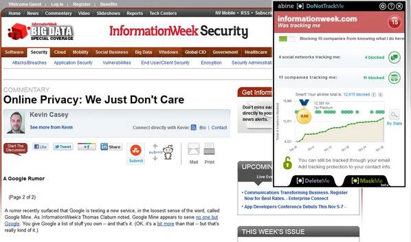 Wineyard's tweet photo. Reading about privacy concerns on informationweek - while being tracked by 15 trackers on that page. #mixedmessages http://t.co/RqSXb0OHcj