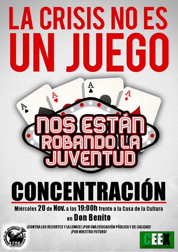 estudiantesDB's tweet photo. CONCENTRACIÓN el #20N a las 19h frente a la Casa de la Cultura en #DonBenito ¡Acude y difunde! #JuventudEnLucha http://t.co/Me1edt0F3A